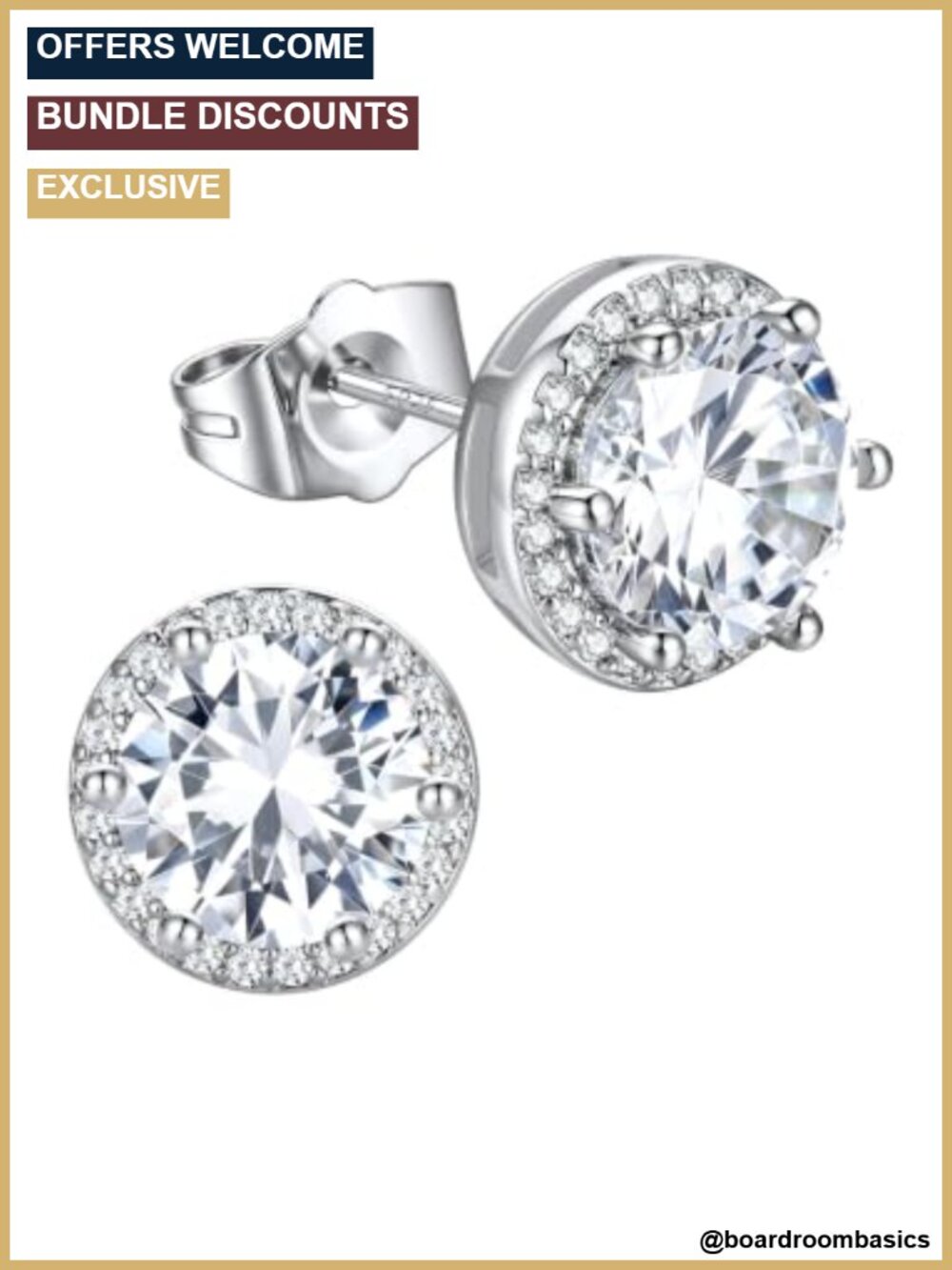 Mens Stud Earrings Sterling Silver Post Cubic Zirconia 6-Prong
